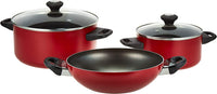 Prestige Classique 16 Piece Non stick cookware Set | Non Stick Cooking Pan Set | 2 Fry Pans, 2 Casseroles, 2 Saucepan, Kadai, 3 Glass Lids, Cutting Board & 5 Spatulas | PR21234