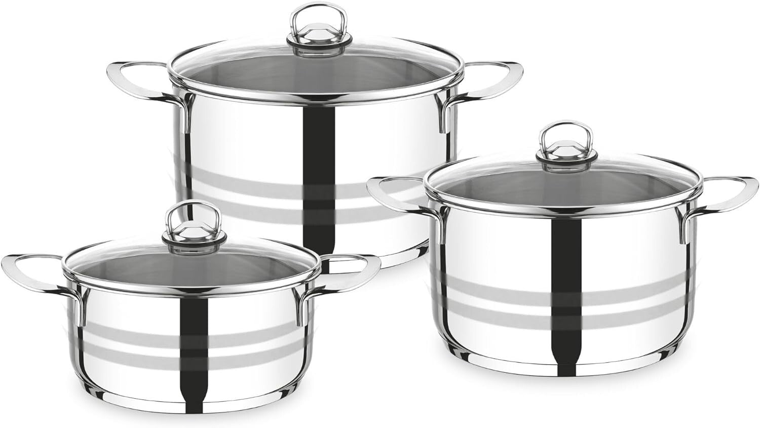 Prestige 6 Pieces Stockpot Set | Stainless Steel Cookware Set | Induction Compatible Cooking Pots Set with glass Lid | 20cm/3L, 26cm/8L, 30cm/14L - PR7006