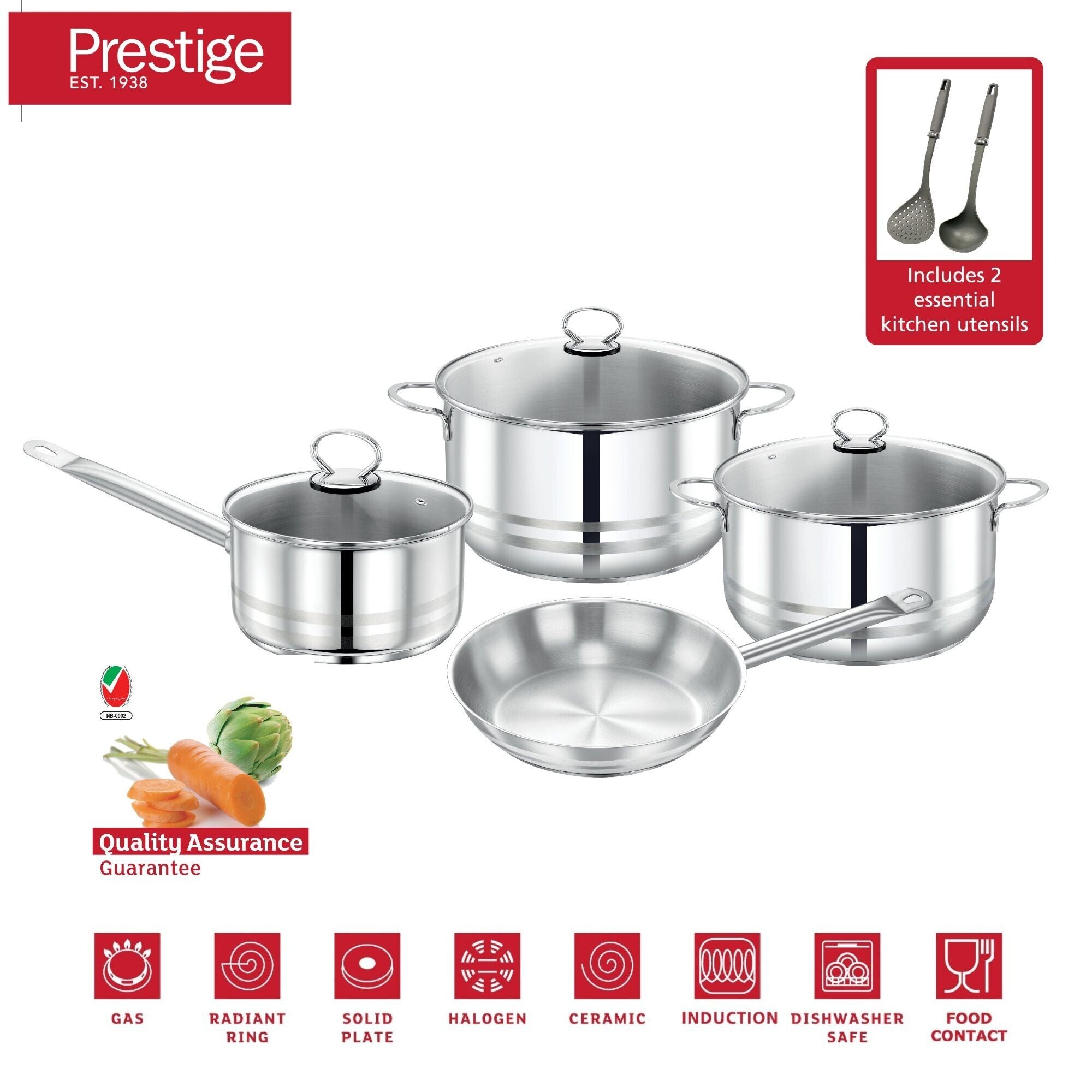 Prestige Stainless Steel 9Pc Cookware Set | Stainless Steel Cooking Set | Pots and Pans Set | stainless steel saucepan and Casserole with Glass Lid | PR80980