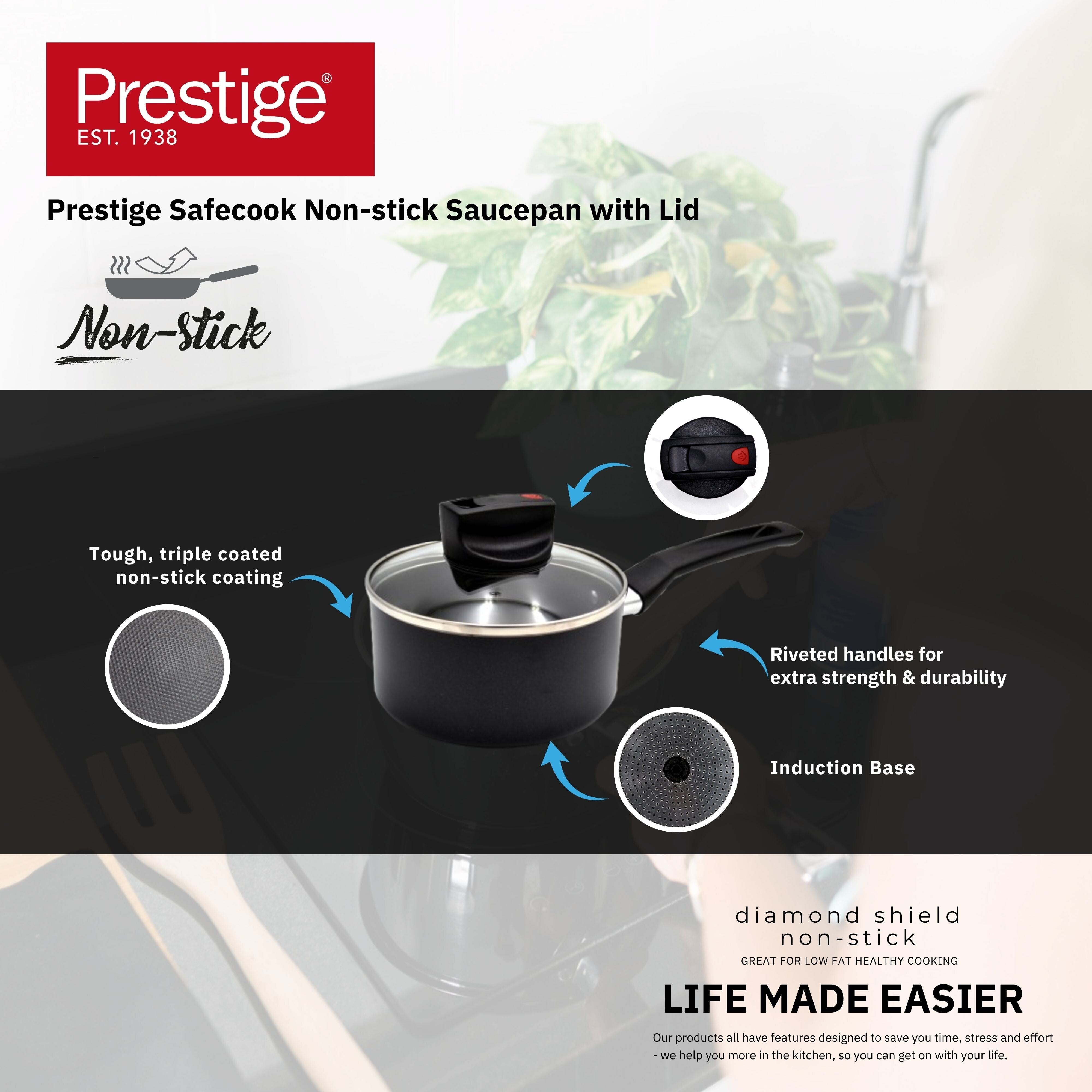 Prestige Safecook Nonstick Saucepan 16 cm | Aluminum Saucepan with Glass Lid | PR22096 - Black