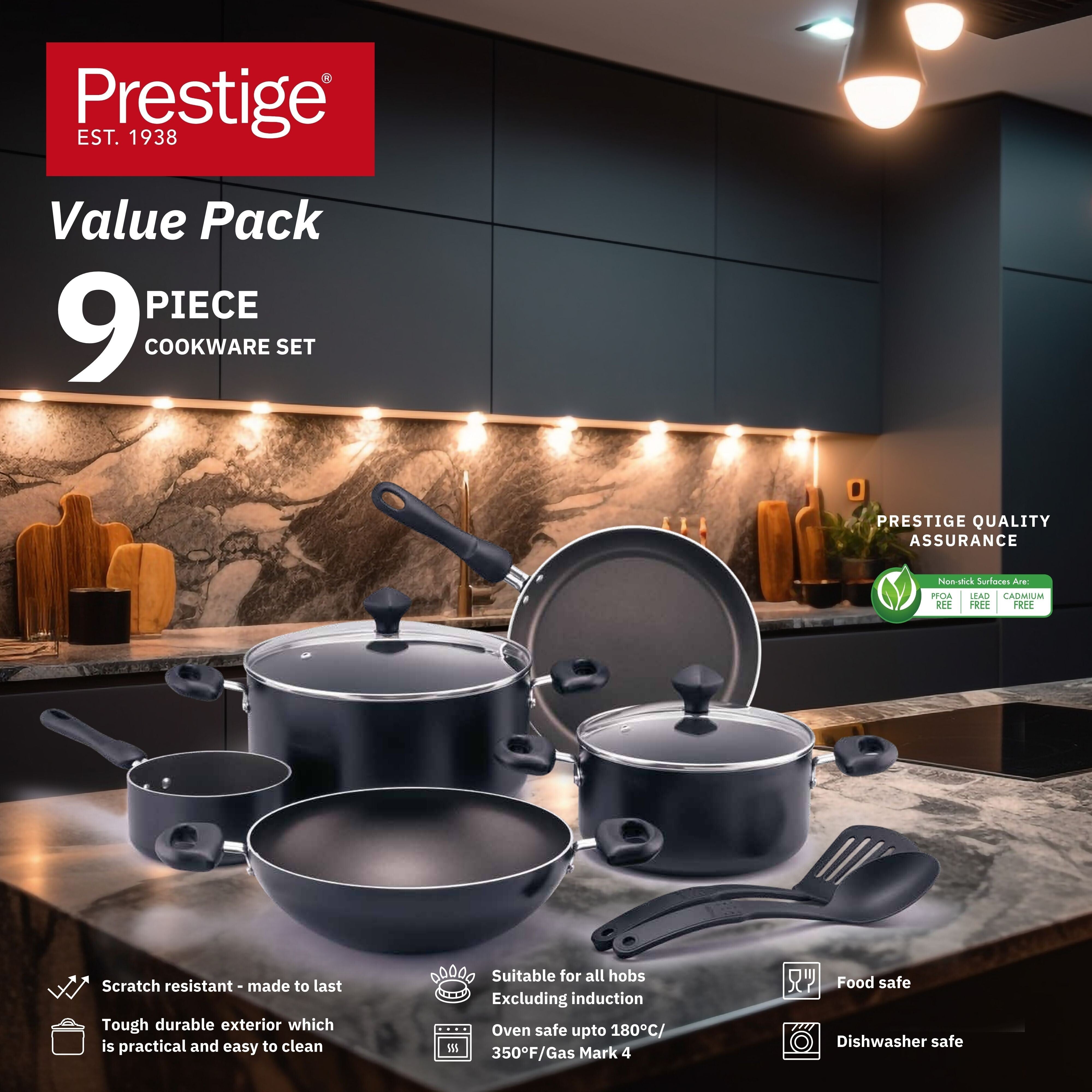 Prestige 9pcs Cookware Value Pack Sets | Non-Stick Pots and Pans set | Non-Stick Kitchen Cooking Set with Frying Pans, Saucepan | PR22480