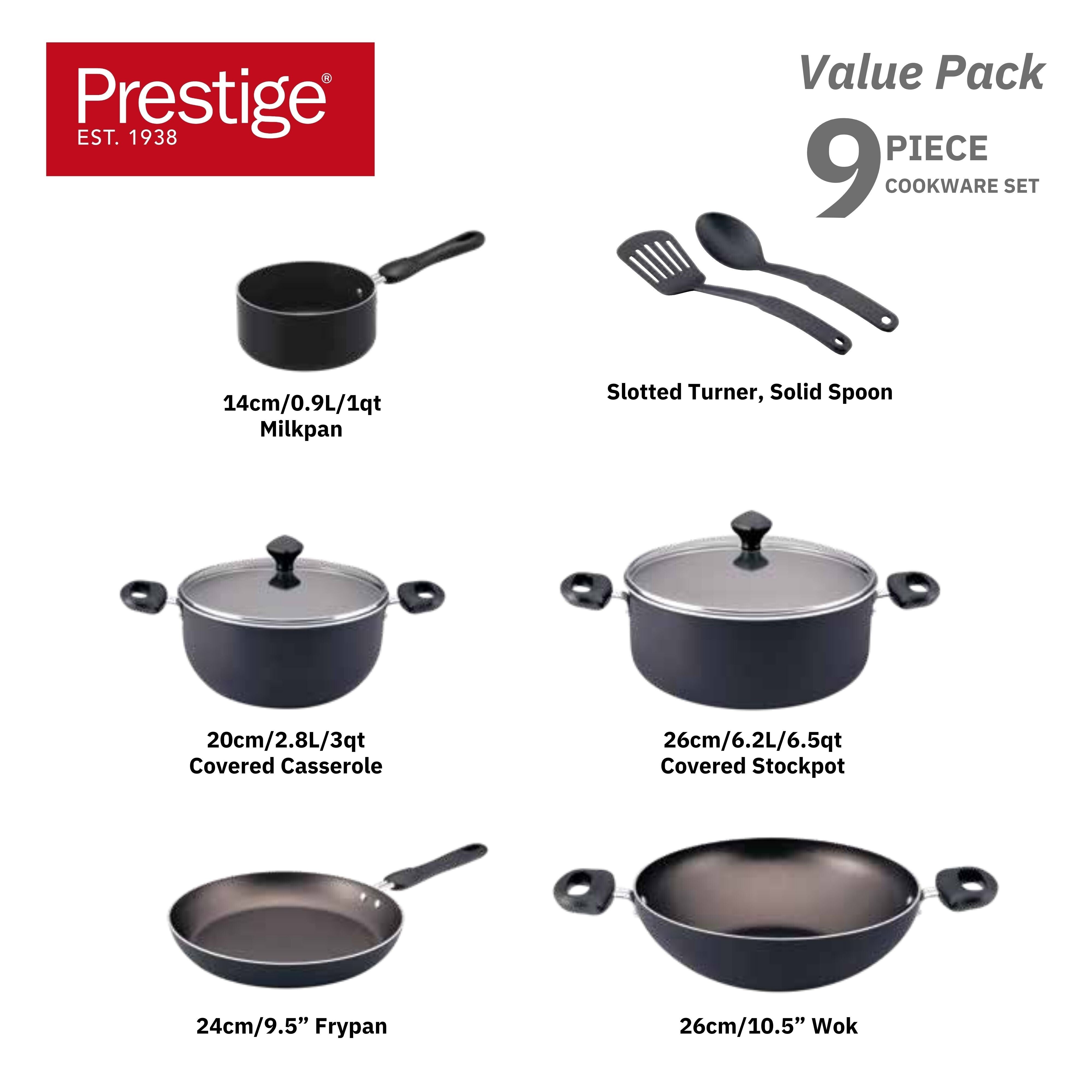 Prestige 9pcs Cookware Value Pack Sets | Non-Stick Pots and Pans set | Non-Stick Kitchen Cooking Set with Frying Pans, Saucepan | PR22480