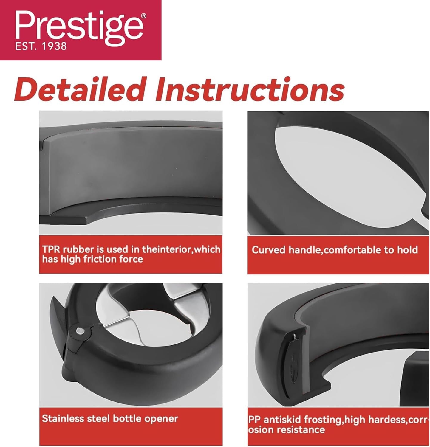 Prestige Multiple Jar Bottle Opener 6 IM 1 | Tin Opener Quick Jar Opener | Gripper Lid Can Opener | Easy to Use for Weak Hands | PR50295