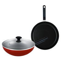Prestige Classique Non-Stick 3Pcs Cookware Pan Set | 3X Ultra Tough Induction Compatible Frying Pan 28Cm & Wok with Lid 26CM | Red - PR15921