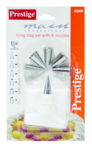 Prestige Icing Bag Set with 6 Stainless Steel Nozzles – Silver | Reusable Decorating Kit for Cakes, Cupcakes & Pastries | PR42401