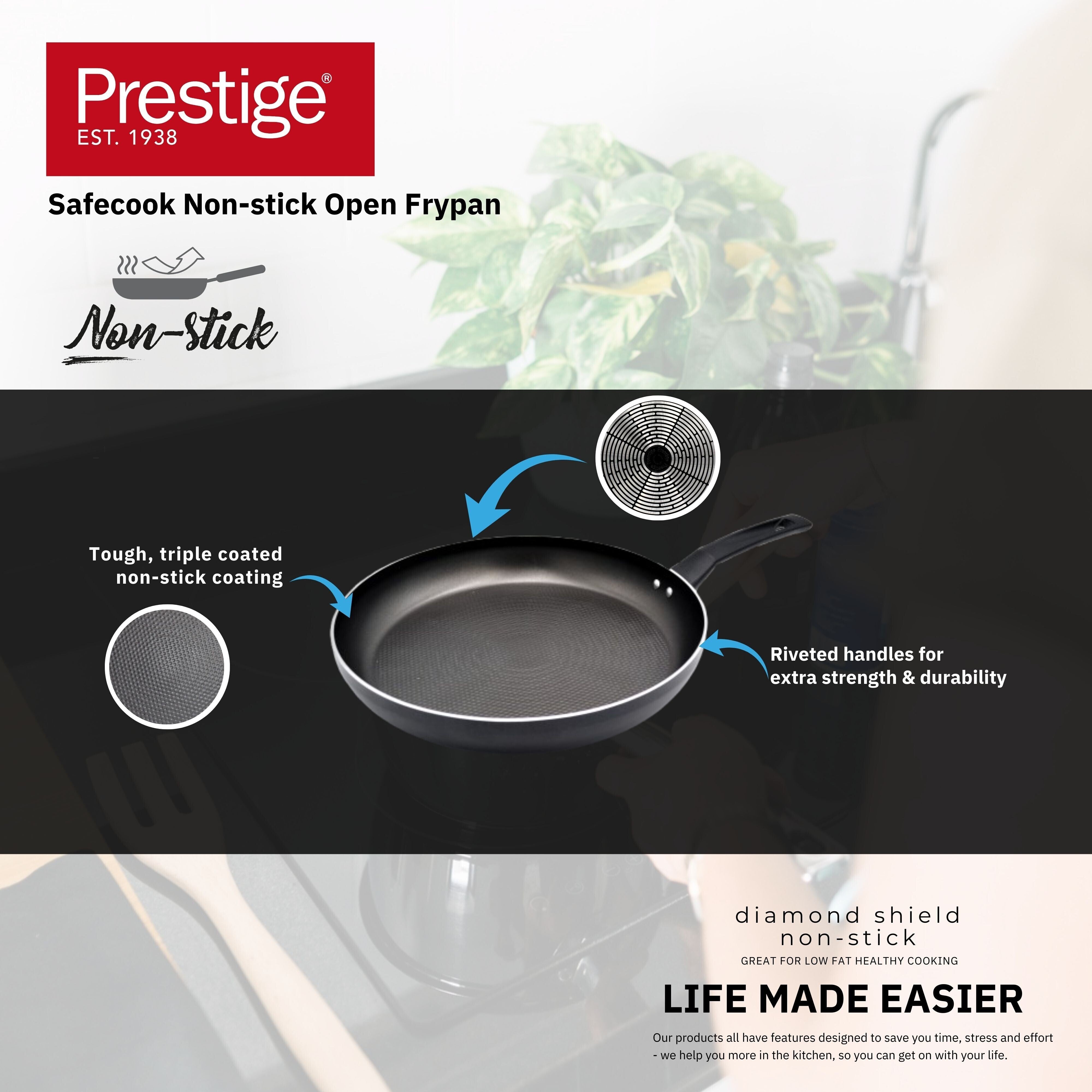 Prestige Safecook Non-stick 18cm Open Frypan | Frying Pan Non-Stick | Dimple shield triple coated Pan - PR22087 - Black