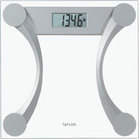 Taylor 400 Lb. Capacity Clear Glass Digital Bathroom Scale with Metallic Accents, 11.8-inch x 11.8-inch Platform, Silver
