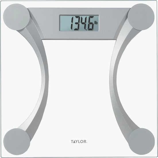 Taylor Clear Glass Digital Bathroom Scale | 400 lb Capacity with Metallic Accents | 11.8" x 11.8" Platform & Easy-to-Read LCD Display – Silver (Model: ELYSM-7602FT-02)