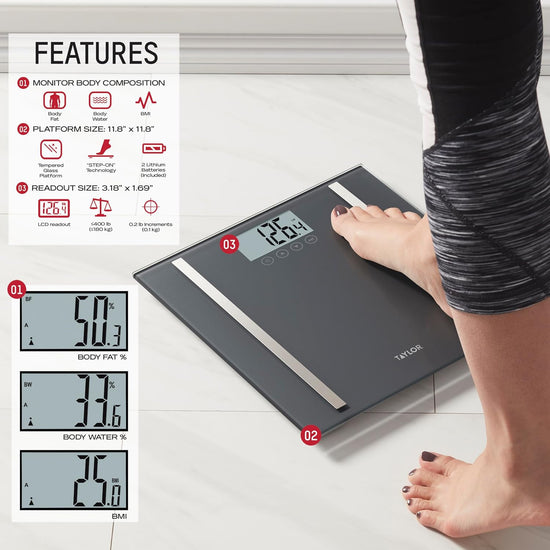 Taylor Digital Body Composition Scale | 400 lb Capacity Bathroom Scale Measuring Body Fat, Water & Muscle Mass | 8-User Memory with Normal & Athlete Modes | FSA & HSA Eligible – Black (Model: ELYSM-5721IWE-02D)