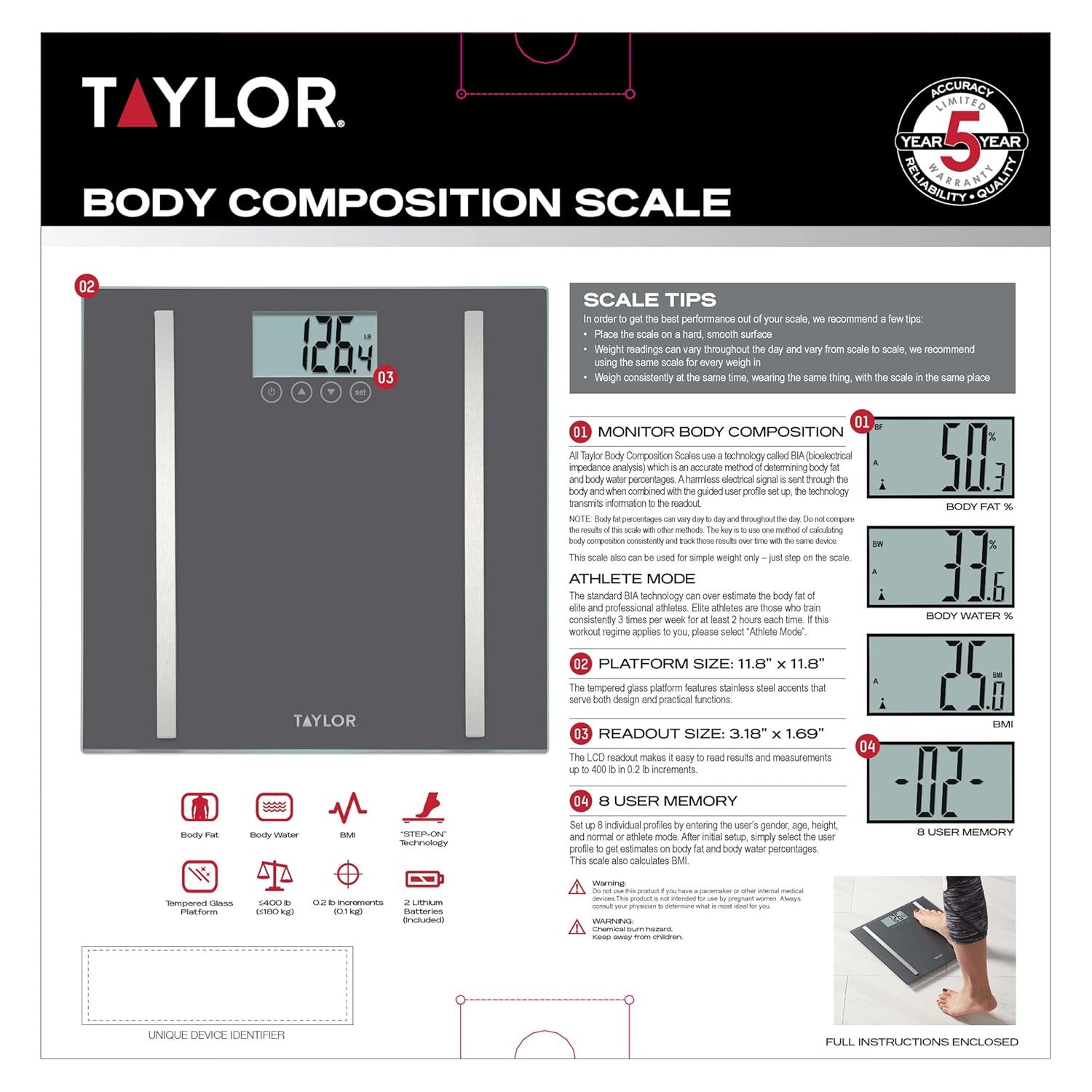 Taylor Digital Body Composition Scale, Bathroom Scale for Body Weight, Measures Body Fat, Body Water & Muscle Mass, 8 User Recognition, Normal & Athlete Modes, FSA HSA Eligible, 400 lb Capacity, Black