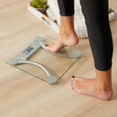 Taylor 400 Lb. Capacity Clear Glass Digital Bathroom Scale with Metallic Accents, 11.8-inch x 11.8-inch Platform, Silver