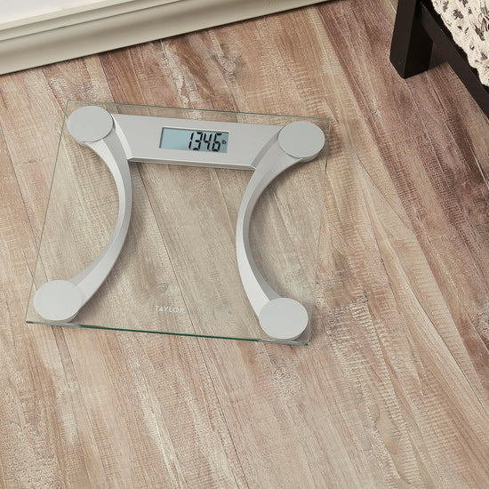 Taylor Clear Glass Digital Bathroom Scale | 400 lb Capacity with Metallic Accents | 11.8" x 11.8" Platform & Easy-to-Read LCD Display – Silver (Model: ELYSM-7602FT-02)