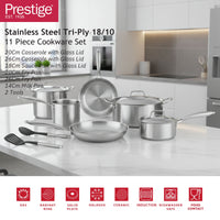 Prestige Tri Ply Stainless Steel 11 Pcs Cooking Set | Induction + all hob suitable | Pots and Pans Set | PR81202