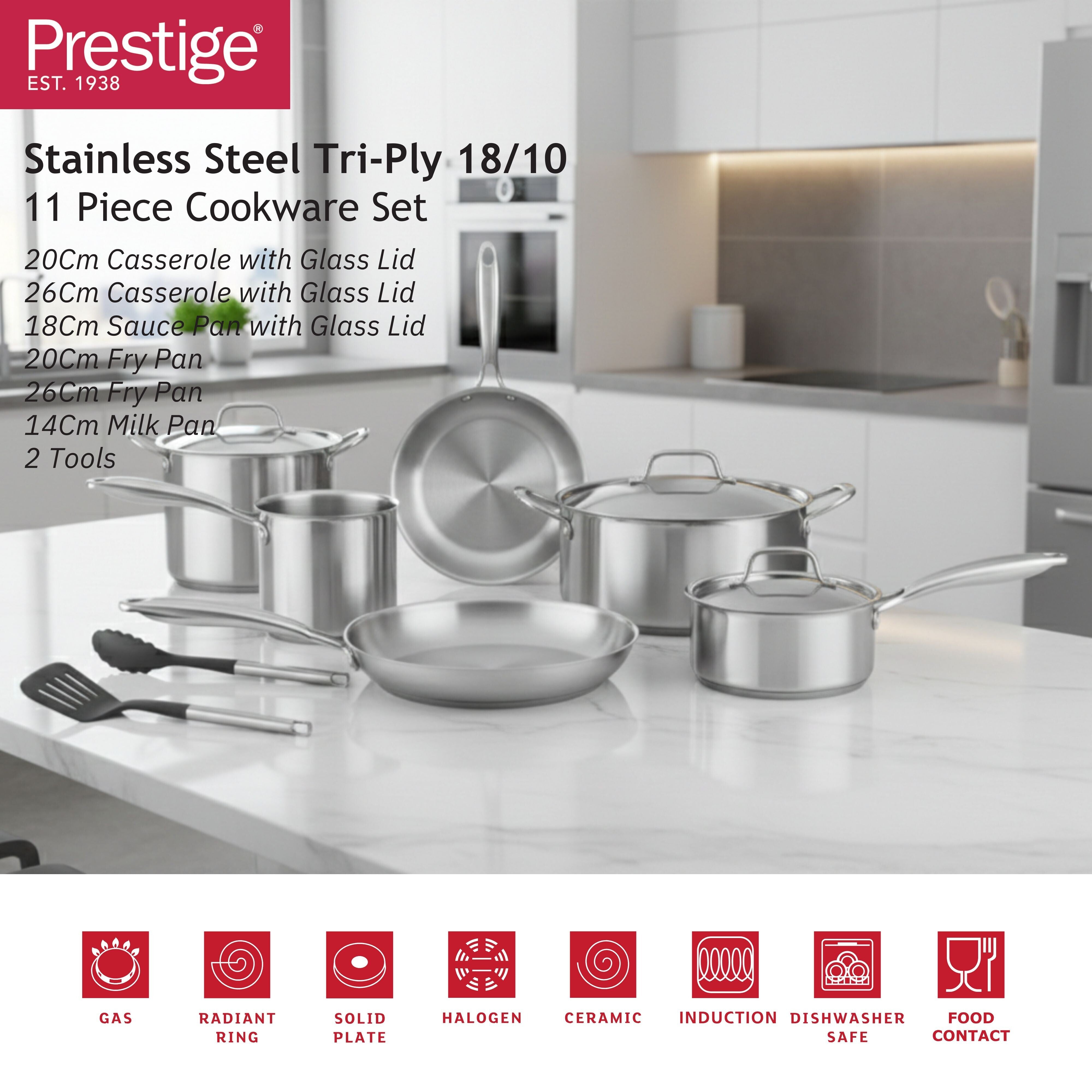 Prestige Tri Ply Stainless Steel 11 Pcs Cooking Set | Induction + all hob suitable | Pots and Pans Set | PR81202