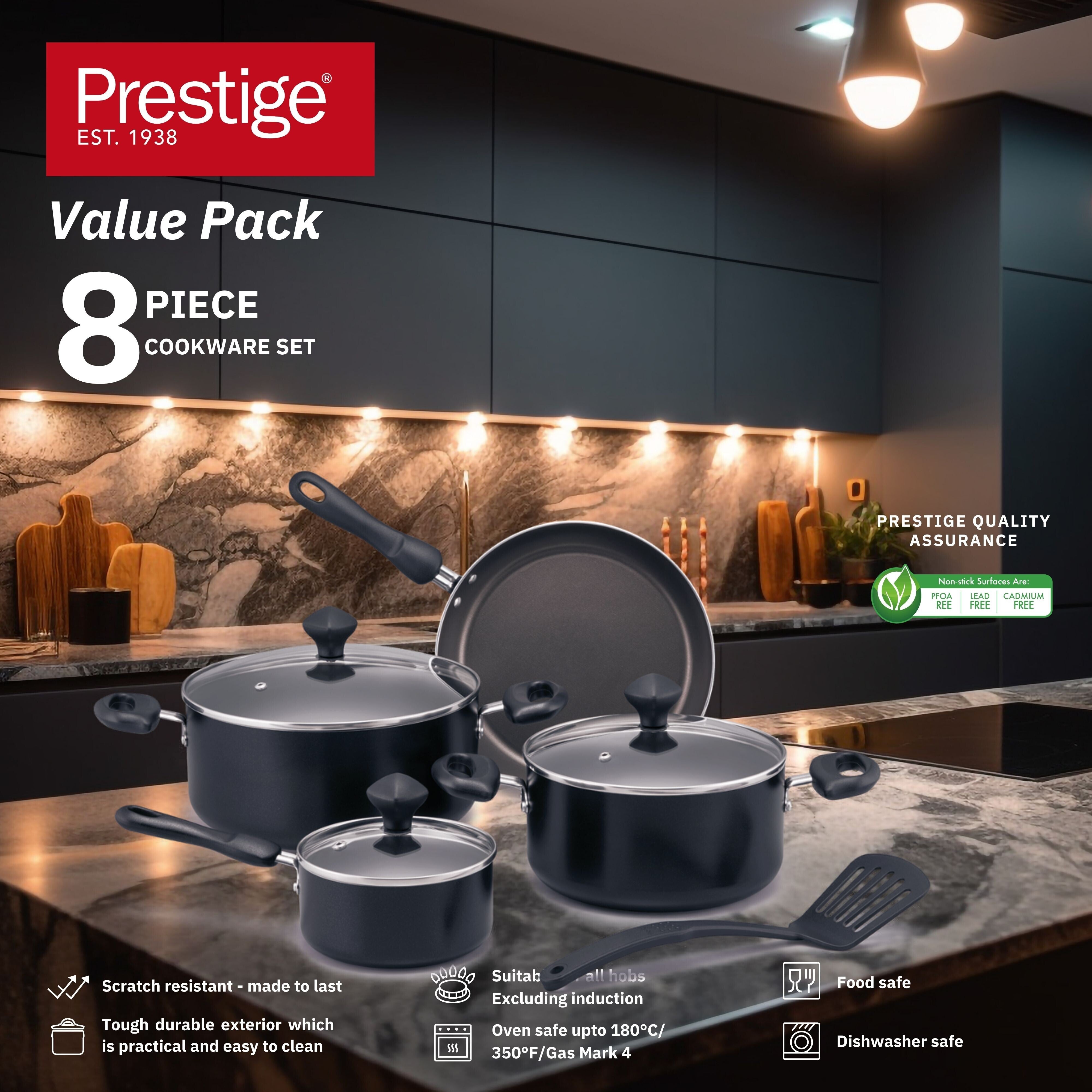 Prestige 8 Pcs Value Pack Cookware Set | Non-stick Pots and Pans Set | Cooking Set with Frying Pans, Saucepans, Saute Pan - PR22483