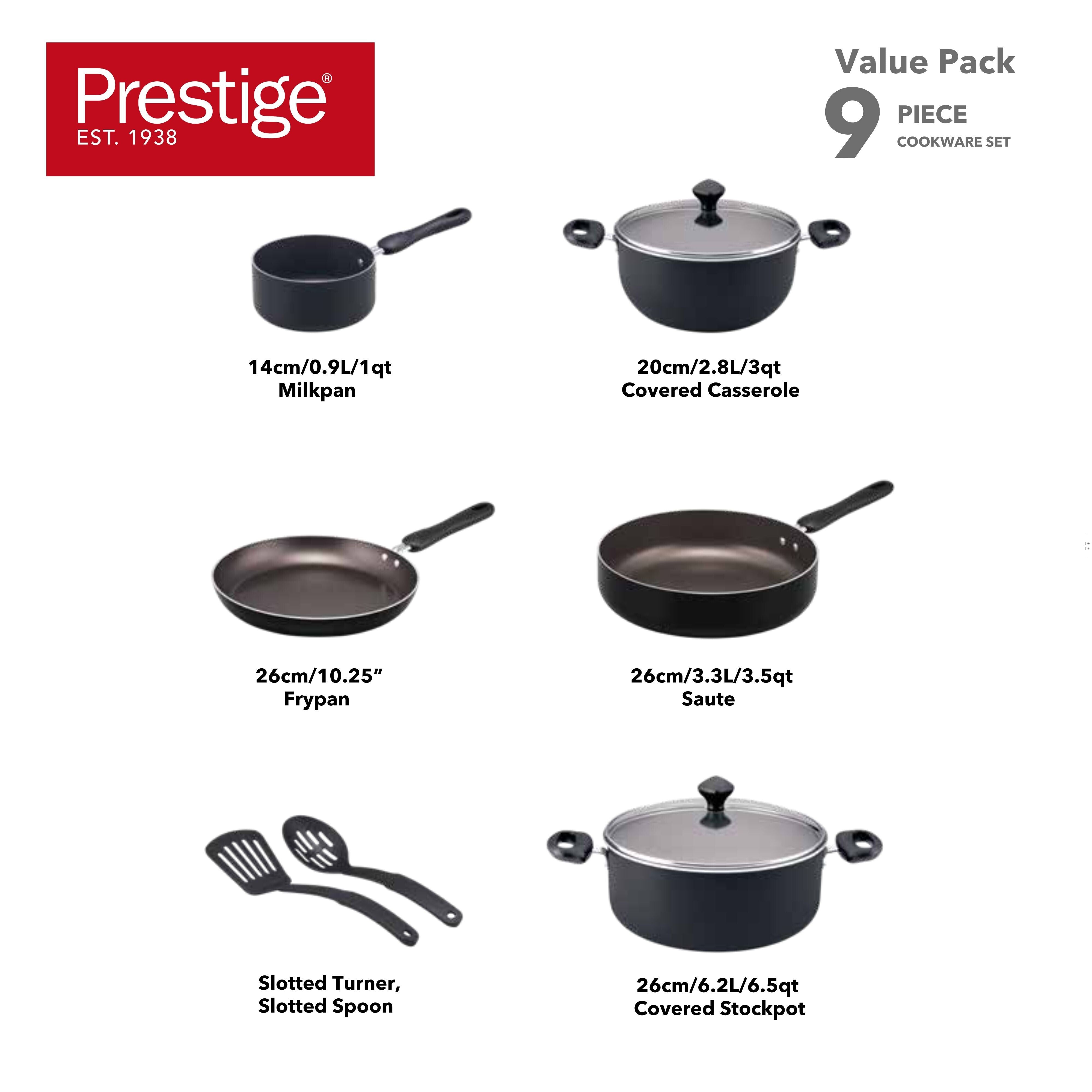 Prestige 9 Pcs Value Pack Cookware Set | Non-stick Pots and Pans Set | Cooking Set with Frying Pans, Saucepans, Saute Pan - PR22482
