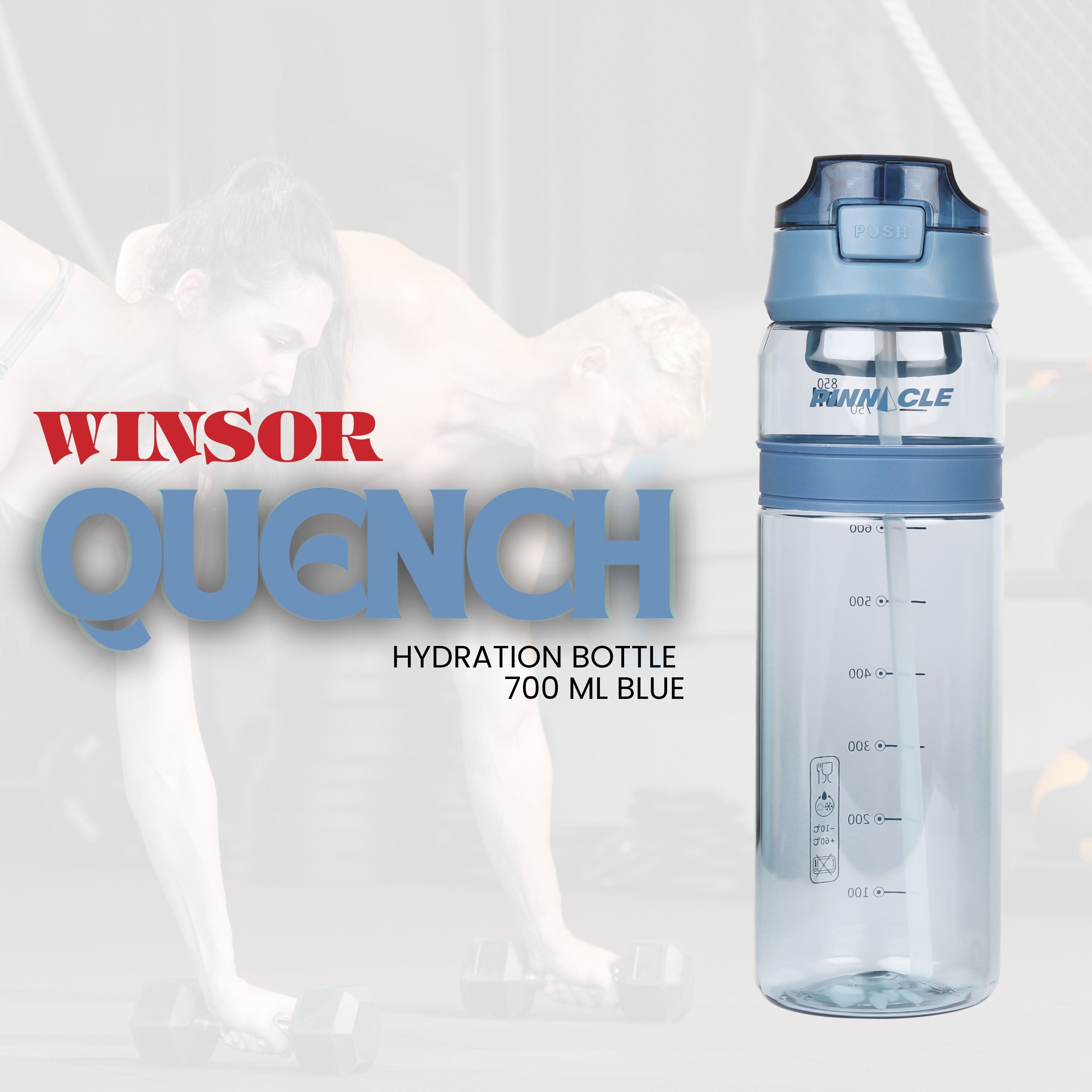Winsor Pinnacle Quench Hydration Bottle (700ML,Blue) |Motivational Water Bottle with Sipper, One-Handed Operation, Hydration Tracker & Flip Top Lid | Ideal for School, Office, Sport, College, Home,Travel