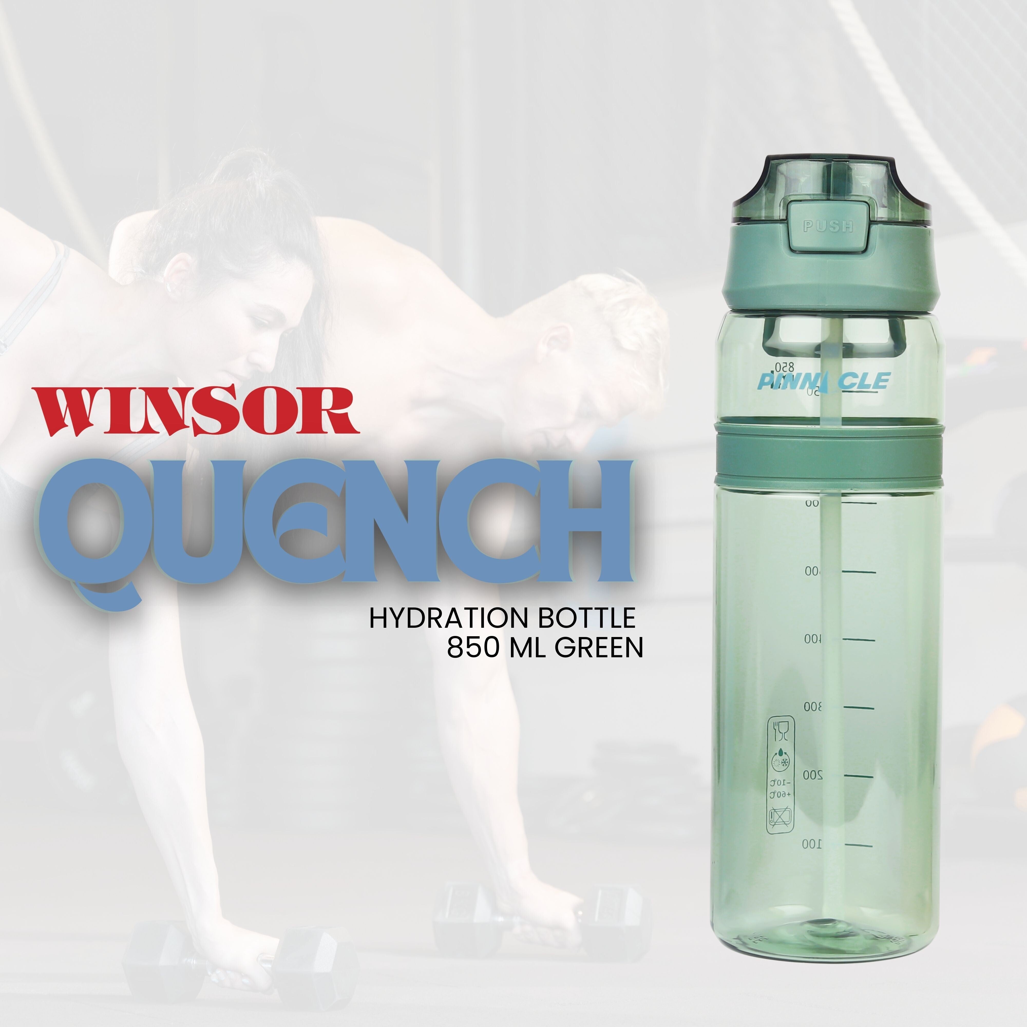 Winsor Pinnacle Quench Hydration Bottle (850ML,Green) |Motivational Water Bottle with Sipper, One-Handed Operation, Hydration Tracker & Flip Top Lid | Ideal for School, Office, Sport, College, Home,Travel