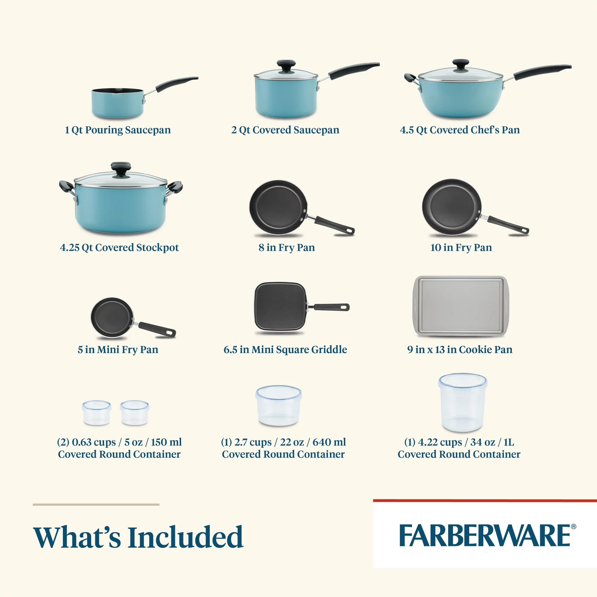 Farberware Cookstart Pots and Pans Set 20-Piece | Nonstick Cookware Set - Aqua