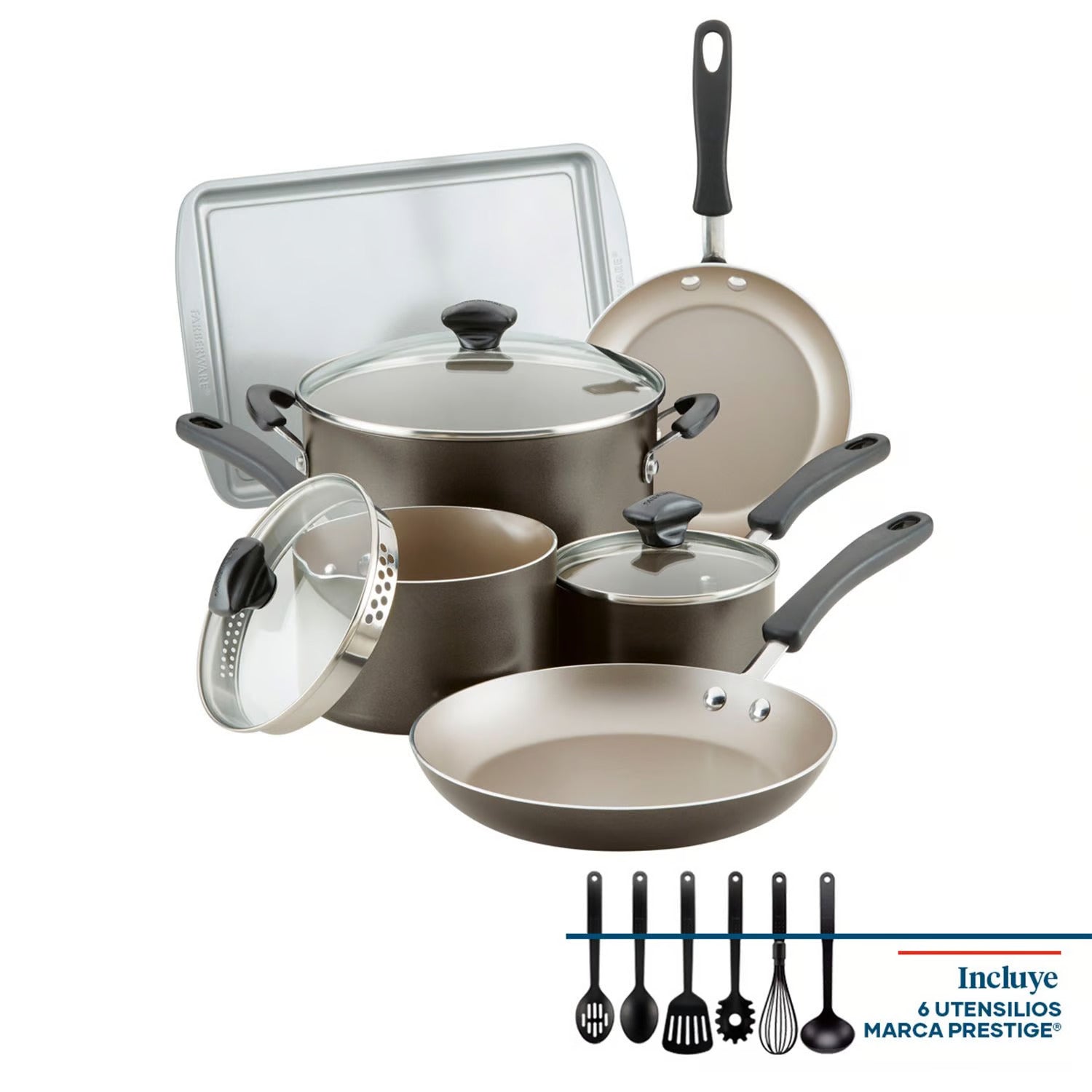 Farberware Cookstart Diamond Max Nonstick Cookware | Pots and Pans Set with Glass Lids | Non-Stick Cookware Set 15 Piece - Pewter