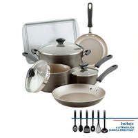 Farberware Cookstart Diamond Max Nonstick Cookware | Pots and Pans Set with Glass Lids | Non-Stick Cookware Set 15 Piece - Pewter