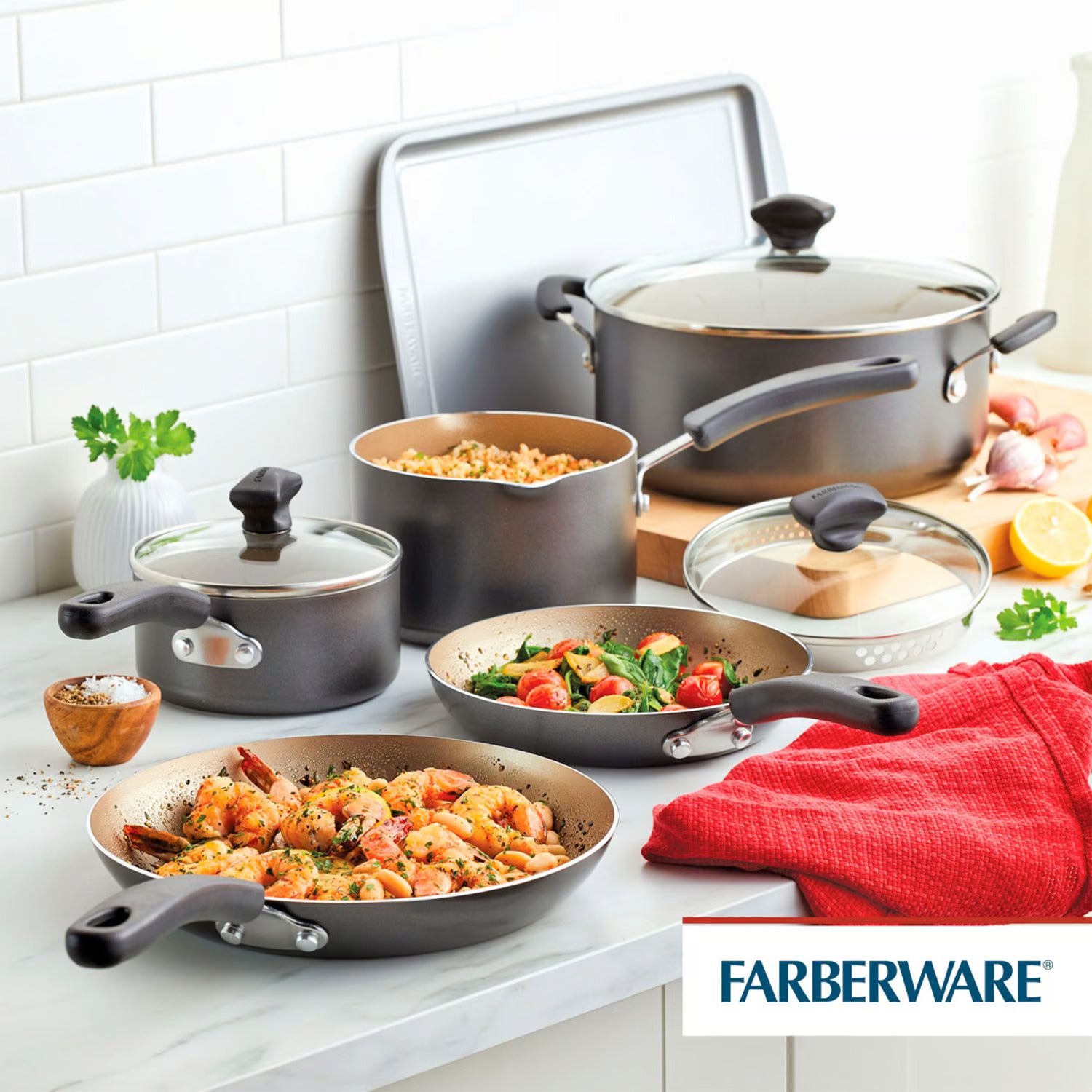 Farberware Cookstart Diamond Max Nonstick Cookware | Pots and Pans Set with Glass Lids | Non-Stick Cookware Set 15 Piece - Pewter